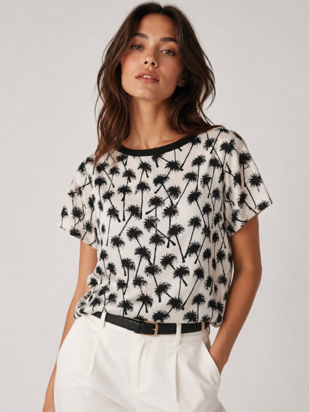 L’AGENCE Silk Palm Tree Print Short Sleeve Blouse Top Ivory Black Size S